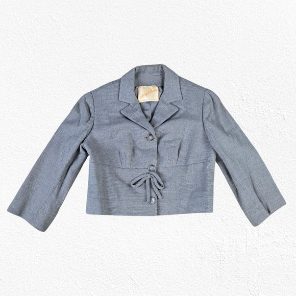 1950s Vintage Saks Fifth Avenue Gray Bow Tie Waist Cropped Wool Jacket Size 6